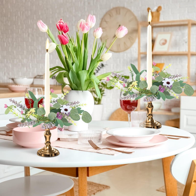 YLOLUL 4 PCS Spring Flowers Taper Candle Rings Wreaths 1.38" Mini Spring Summer Floral Taper Candle Holder Wreaths Colorful Artificial Wildflowers Table Centerpieces Wreath for Church Home Wedding Decor - Image 5