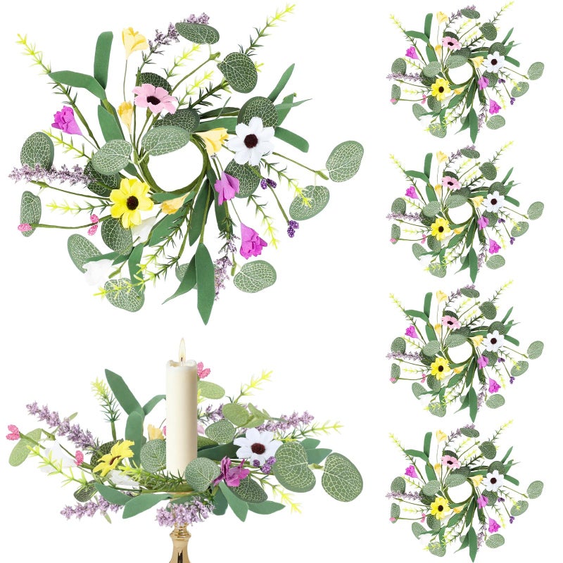 YLOLUL 4 PCS Spring Flowers Taper Candle Rings Wreaths 1.38" Mini Spring Summer Floral Taper Candle Holder Wreaths Colorful Artificial Wildflowers Table Centerpieces Wreath for Church Home Wedding Decor - Image 1