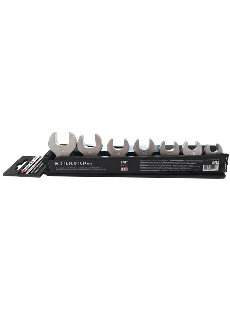 Flare crowfoot open end hinged wrench set 7pcs, 3/8" (10, 12, 13, 14, 15, 17, 19mm), in plastic hold