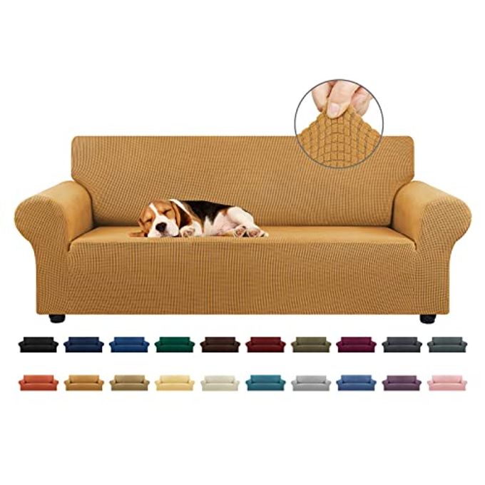 KEKUOU Stretch Sofa Cover Slipcover Couch Covers for 3 Cushion Couch Sofa pet Friendly (78"-94") Furniture Protector Sofa with Elastic Bottom for Kids,Dog, Jacquard Small Checked(Large,Golden) - Image 1