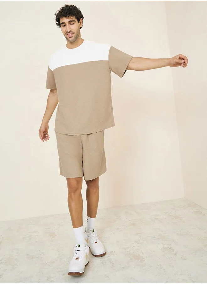 Styli Waffle Knit Colorblock Oversized T-Shirt & Shorts Co-Ord Set