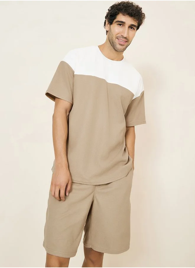 Styli Waffle Knit Colorblock Oversized T-Shirt & Shorts Co-Ord Set