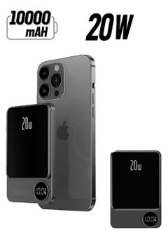 بنك طاقة مغناطيسي لاسلكي، شحن فائق السرعة وجسم من الألومنيوم متوافق مع iPhone 12 وما فوق، مدخل ومخرج USB-C بالإضافة إلى مدخل لايتنينج مع مؤشر LED (10000 مللي أمبير، (رمادي