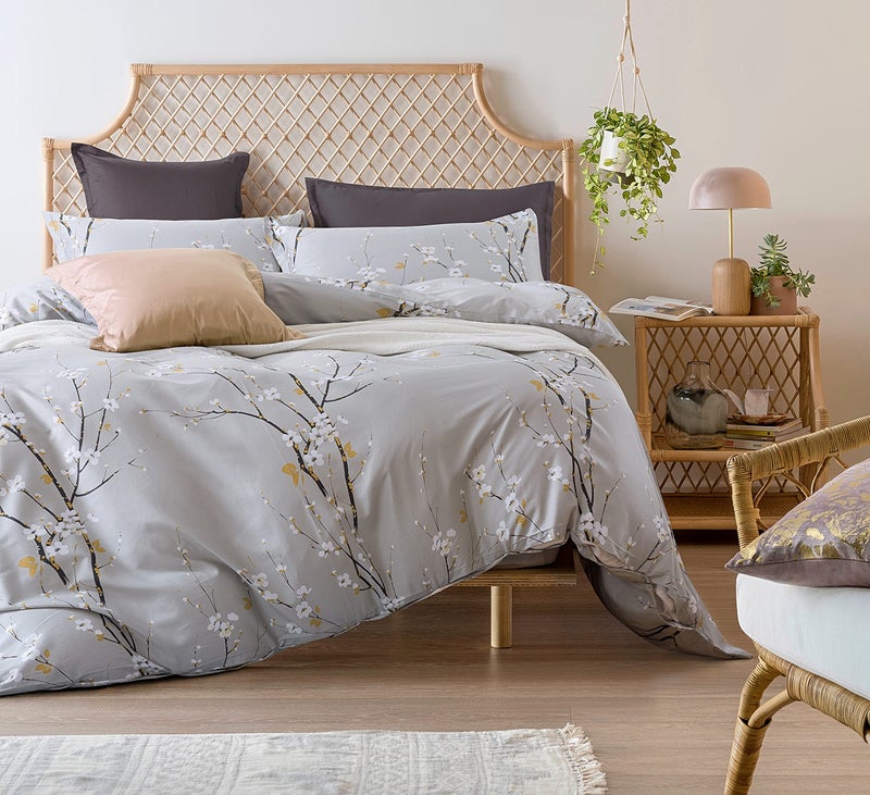 Get Bed Ready Sakura Blossom Japanese Oriental Style Cherry Almond Bloom Floral branches Print Duvet Cover 400tc Cotton Chinoiserie Chic Bedding 3 piece Set Palatial King 120x98 Super King Light Grey 