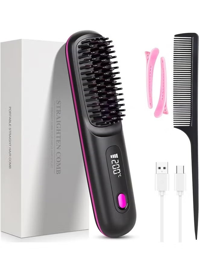 Electric Hair Straightener Brush, Portable Ceramic Ionic Straightening Comb and Curler, LED Display, Fast Heating, 3 Temp Settings & Anti-Scald Head Massager for All Hair Types, Black - Image 1