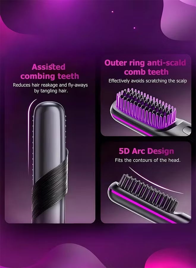 Electric Hair Straightener Brush, Portable Ceramic Ionic Straightening Comb and Curler, LED Display, Fast Heating, 3 Temp Settings & Anti-Scald Head Massager for All Hair Types, Black - Image 4