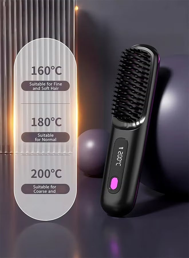 Electric Hair Straightener Brush, Portable Ceramic Ionic Straightening Comb and Curler, LED Display, Fast Heating, 3 Temp Settings & Anti-Scald Head Massager for All Hair Types, Black - Image 5