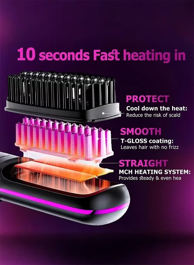 Electric Hair Straightener Brush, Portable Ceramic Ionic Straightening Comb and Curler, LED Display, Fast Heating, 3 Temp Settings & Anti-Scald Head Massager for All Hair Types, Black - Image 2