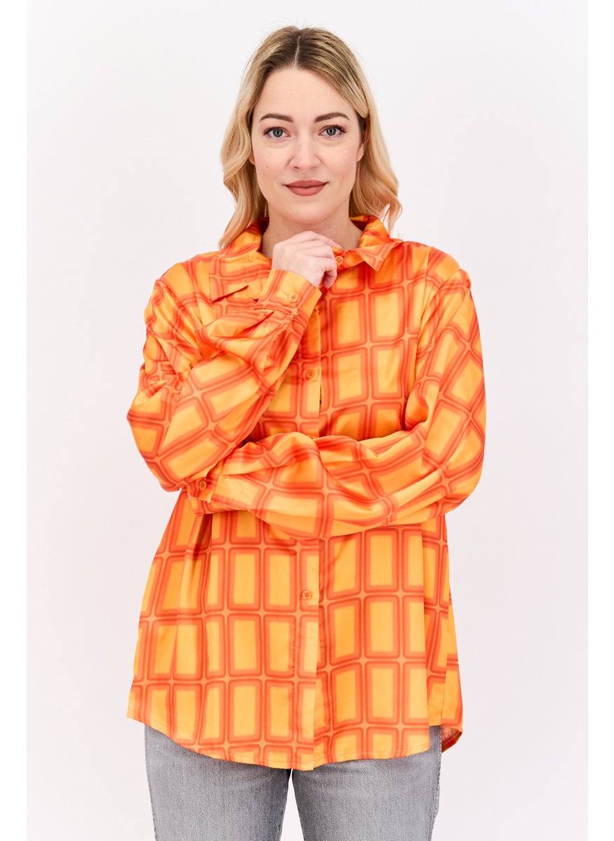I SAW IT FIRST - Women Spread Collar Long Sleeve Abstract Print Shirt, Orange - Image 1
