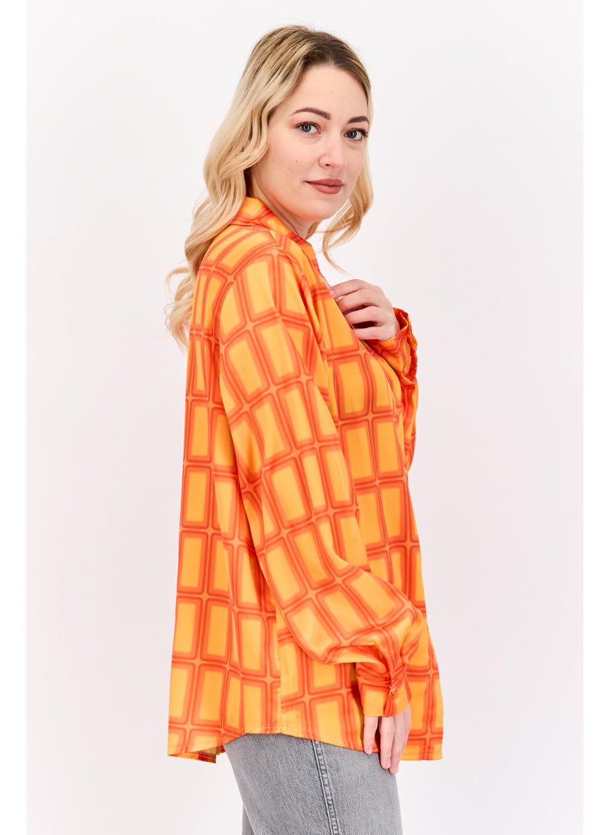 I SAW IT FIRST - Women Spread Collar Long Sleeve Abstract Print Shirt, Orange - Image 1