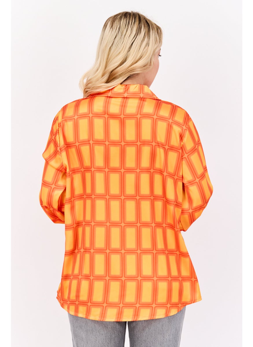 I SAW IT FIRST - Women Spread Collar Long Sleeve Abstract Print Shirt, Orange - Image 1