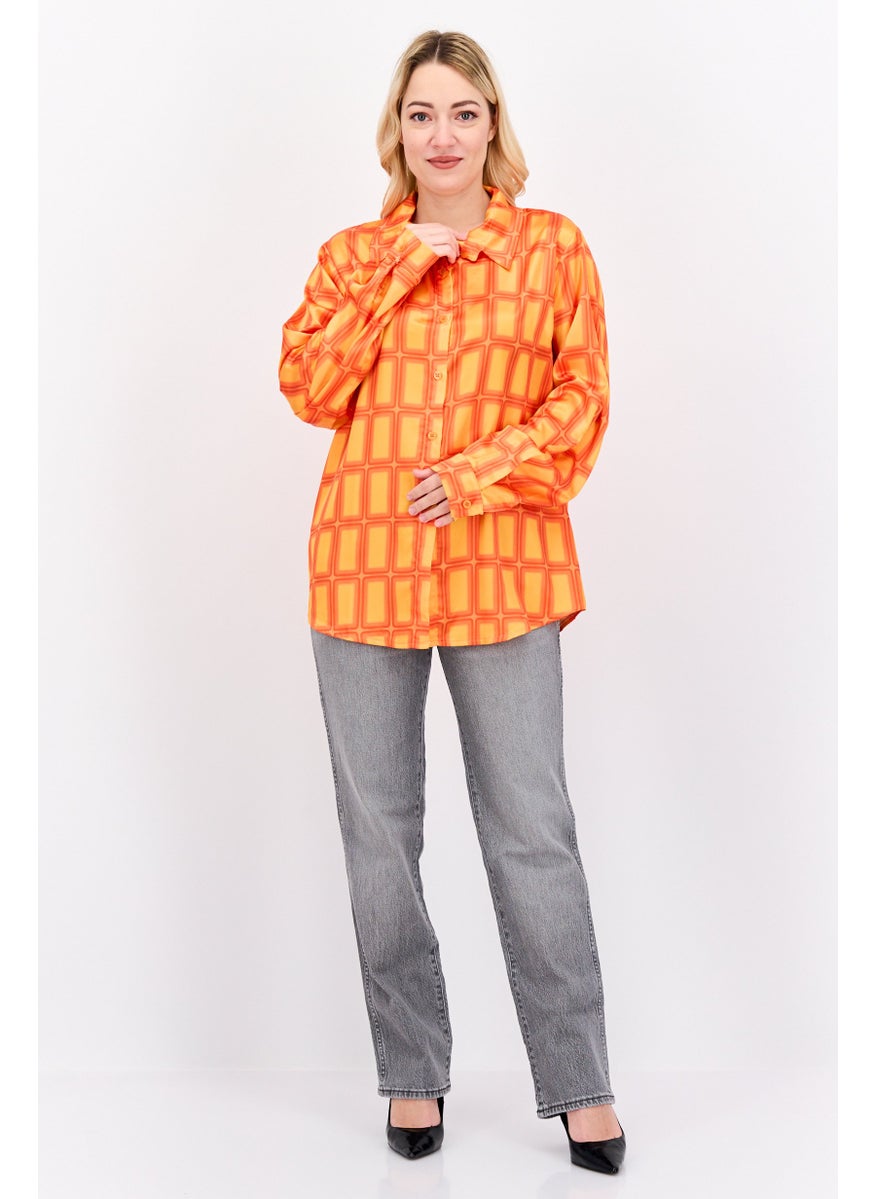 I SAW IT FIRST - Women Spread Collar Long Sleeve Abstract Print Shirt, Orange - Image 1