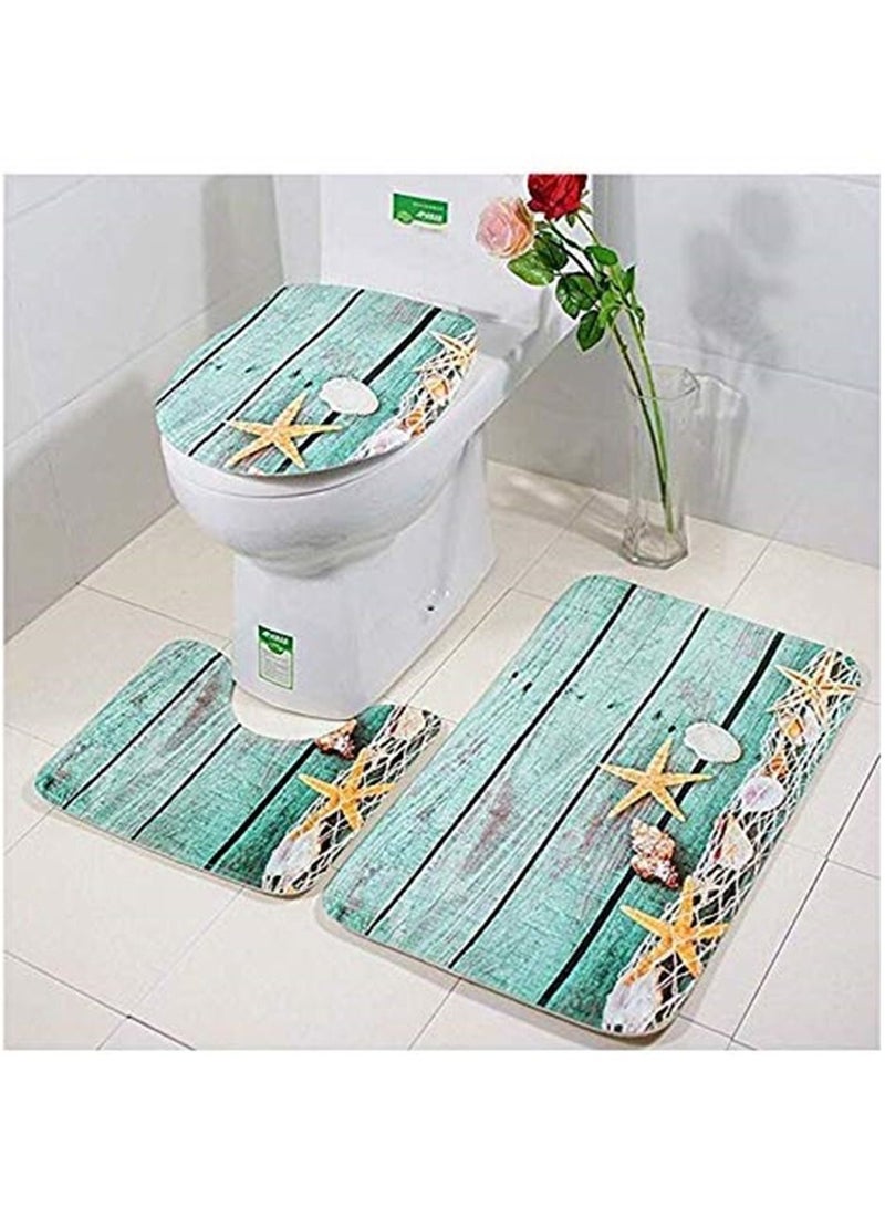 3pcs Set Bathroom Non-Slip Ocean Style Pedestal Rug/Lid Toilet Cover/Bath Mat - Image 1