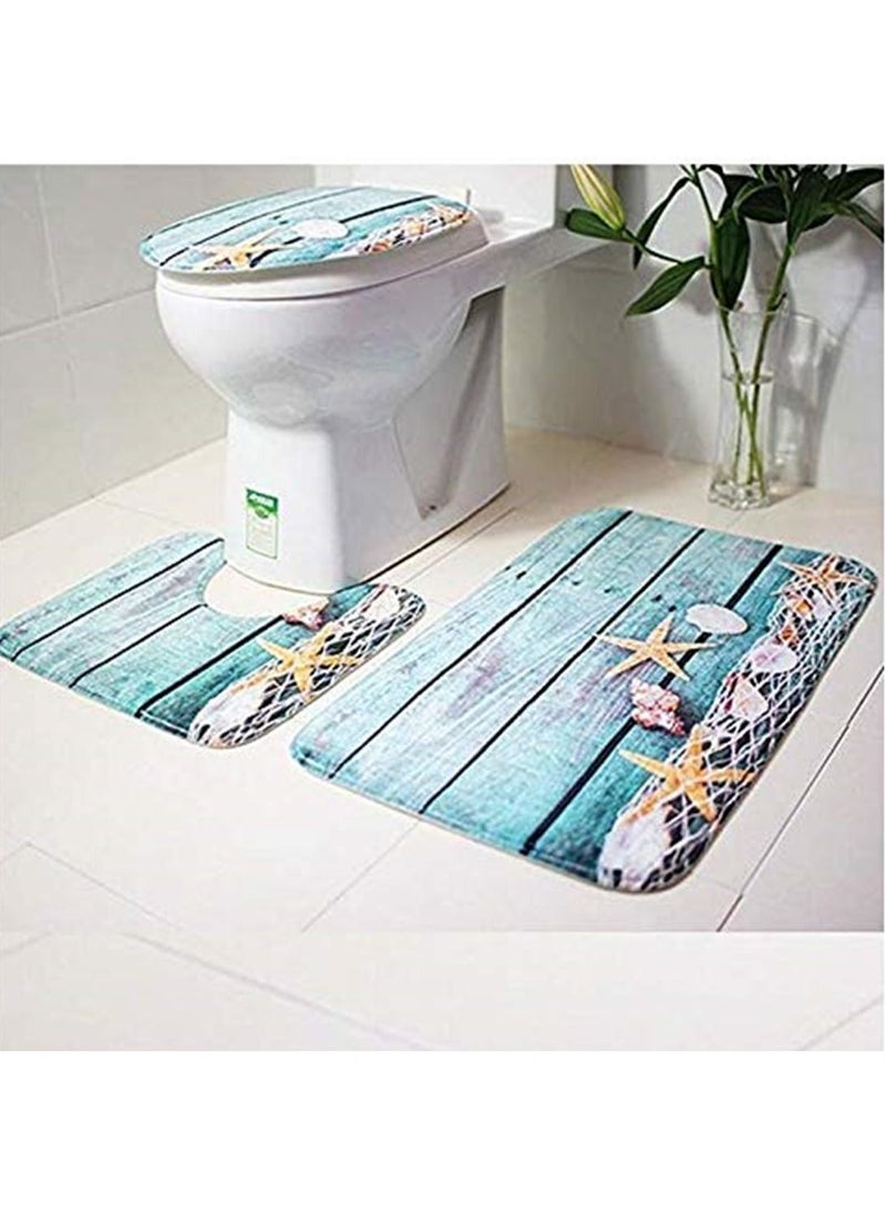 3pcs Set Bathroom Non-Slip Ocean Style Pedestal Rug/Lid Toilet Cover/Bath Mat - Image 5