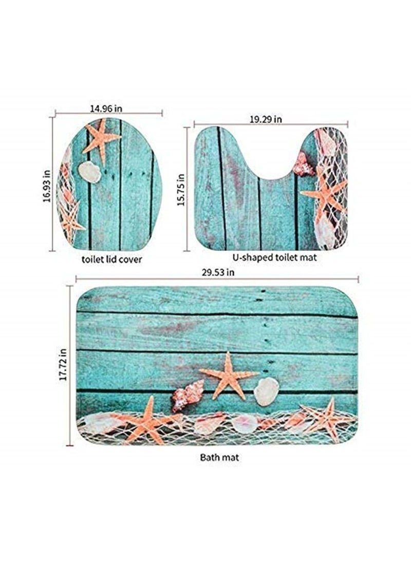 3pcs Set Bathroom Non-Slip Ocean Style Pedestal Rug/Lid Toilet Cover/Bath Mat - Image 4