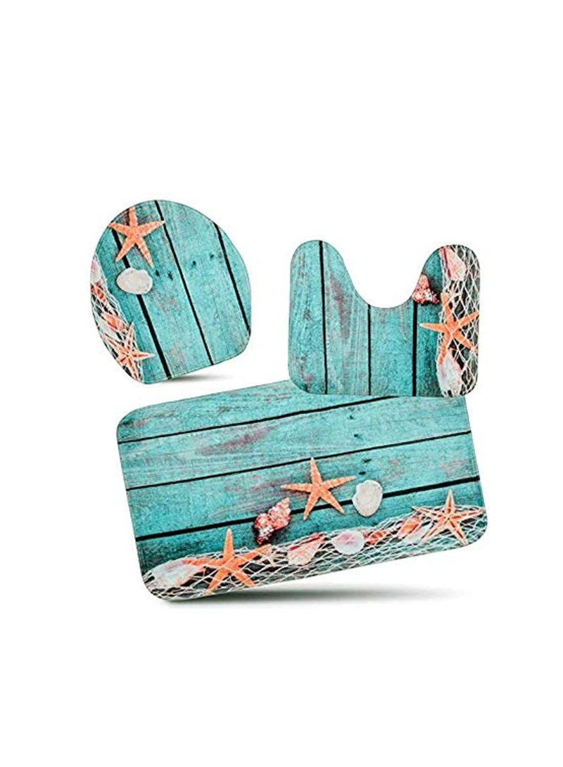 3pcs Set Bathroom Non-Slip Ocean Style Pedestal Rug/Lid Toilet Cover/Bath Mat - Image 2