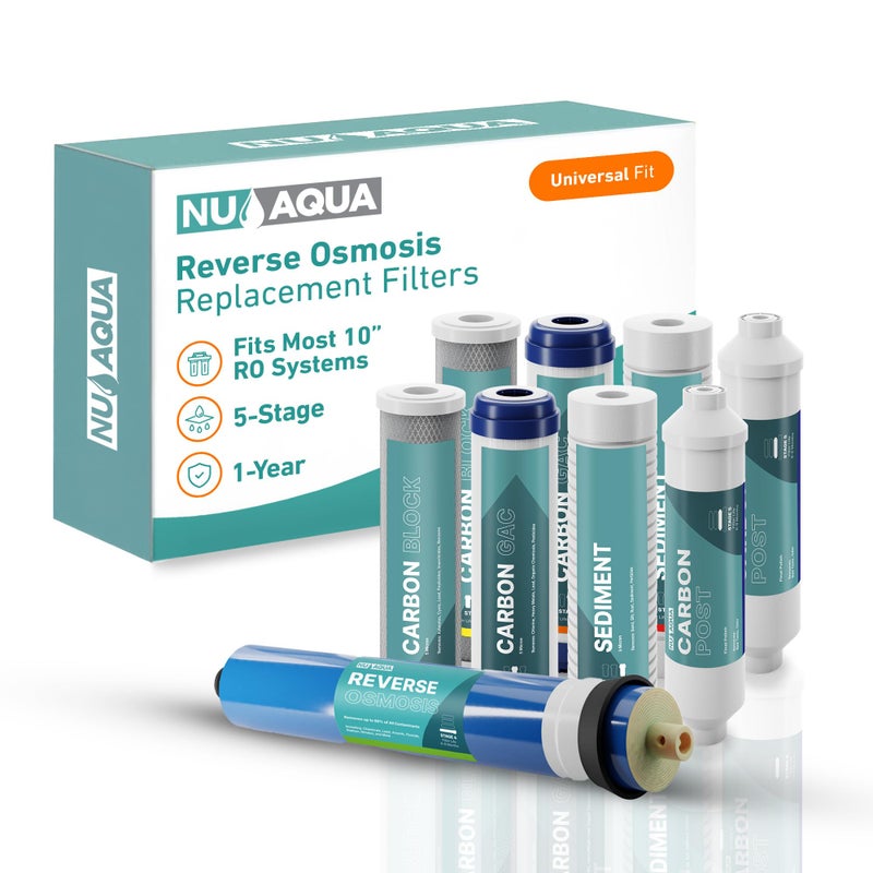 مجموعة استبدال نظام فلتر المياه بالتناضح العكسي NU Aqua 5 مراحل 1 سنة تحت الحوض تشمل الأجزاء والتركيبات وخرطوشة الترشيح العالمية RO