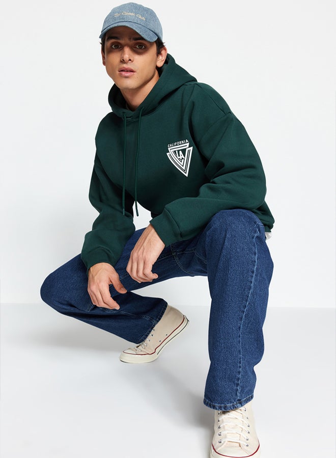 trendyol Green Hooded Oversize/Wide Cut College Printed Cotton Fleece Sweatshirt TMNAW24SW00063 - Image 1