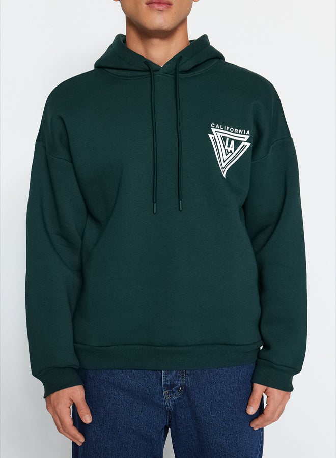 trendyol Green Hooded Oversize/Wide Cut College Printed Cotton Fleece Sweatshirt TMNAW24SW00063 - Image 4