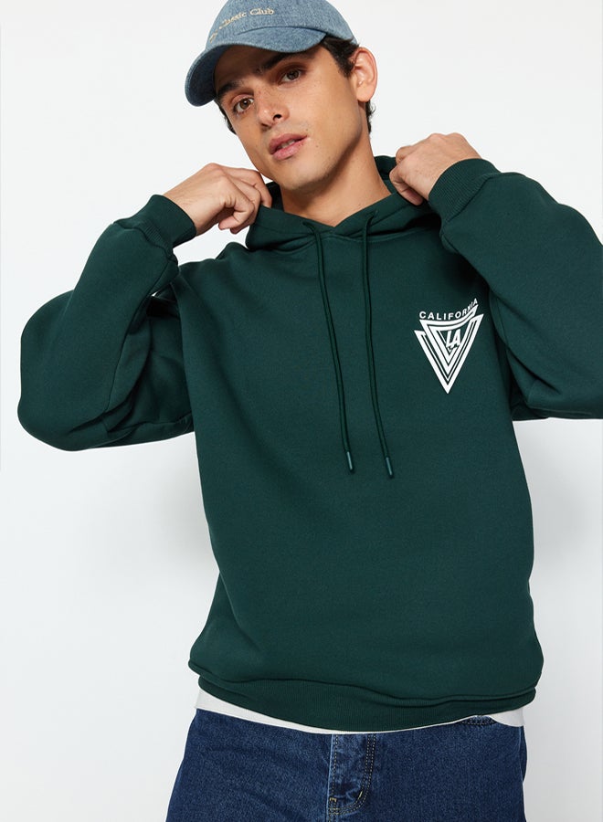 trendyol Green Hooded Oversize/Wide Cut College Printed Cotton Fleece Sweatshirt TMNAW24SW00063 - Image 2