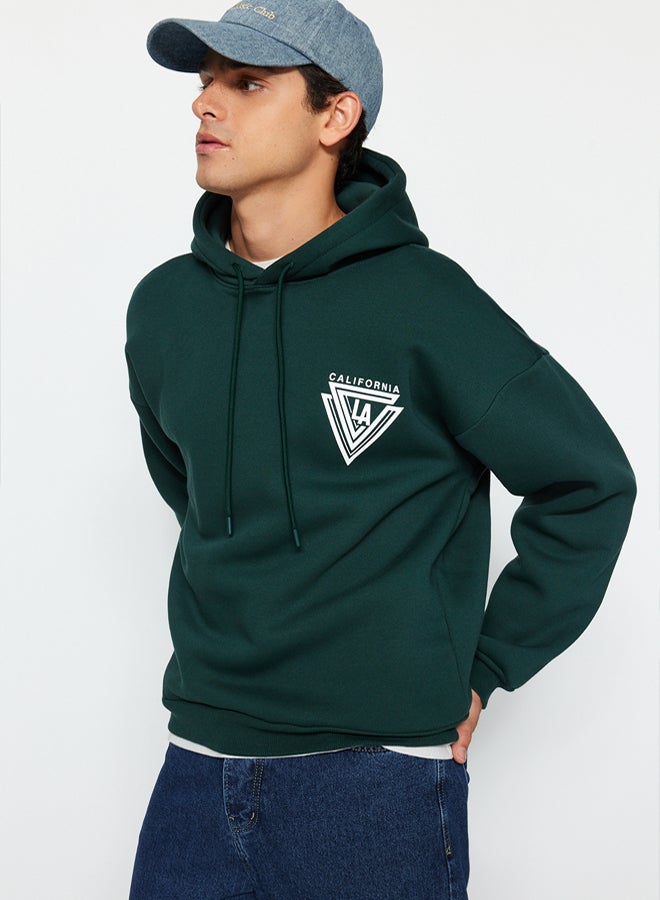 trendyol Green Hooded Oversize/Wide Cut College Printed Cotton Fleece Sweatshirt TMNAW24SW00063 - Image 3