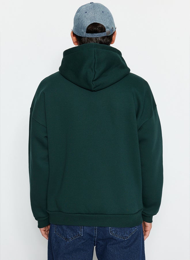 trendyol Green Hooded Oversize/Wide Cut College Printed Cotton Fleece Sweatshirt TMNAW24SW00063 - Image 5