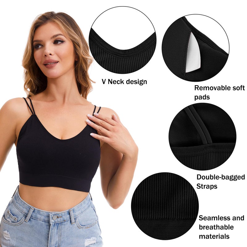 BQTQ 6 Pieces Padded Bralettes for Women V Neck Cami Bralette Bra with Elastic Straps Seamless Bralettes Sleeping Bra Black Bralette Pack, XXL - Image 3