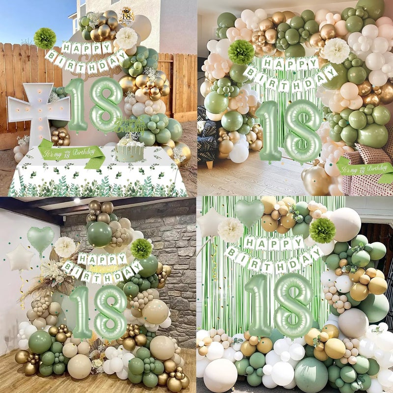 GYESXYW Sage Green 18th Birthday Decorations - Happy Birthday Banner, Gold Balloons, Crown, Sash, Fringe Curtain, Tablecloth, Cake Topper for Girls' 18th Party - Image 5