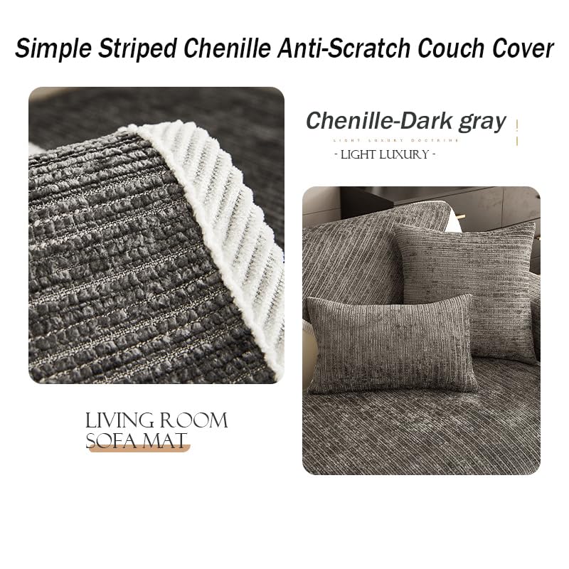 Rosygulls أغطية الأريكة الأليفة من Rosygulls للأريكة البسيطة مخططة مخططة Chenille Cover Cover Cover Cover Cover Cover Cover Cover Cover for Pet Chenille Couch Coach Non Slip Solid Courge Covers Gray-35 "X28" " - Image 3