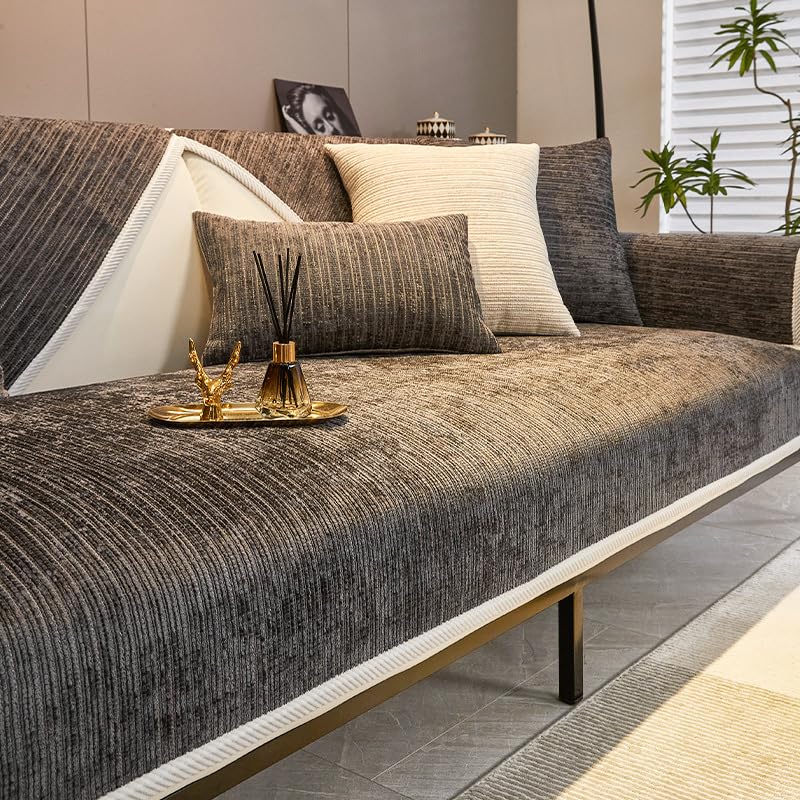 Rosygulls أغطية الأريكة الأليفة من Rosygulls للأريكة البسيطة مخططة مخططة Chenille Cover Cover Cover Cover Cover Cover Cover Cover Cover for Pet Chenille Couch Coach Non Slip Solid Courge Covers Gray-35 "X28" " - Image 1