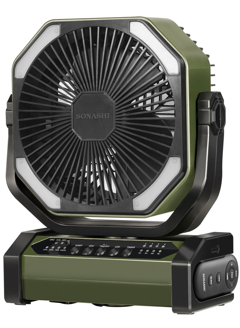 SONASHI 8 Inch Rechargeable Fan - 10,000mAh Li-ion Battery Operated Fan with Bright LED Light | Type-C Charging with Continuous Working for 30 Hours | Portable with Remote Control SRF-808 Green - Image 1