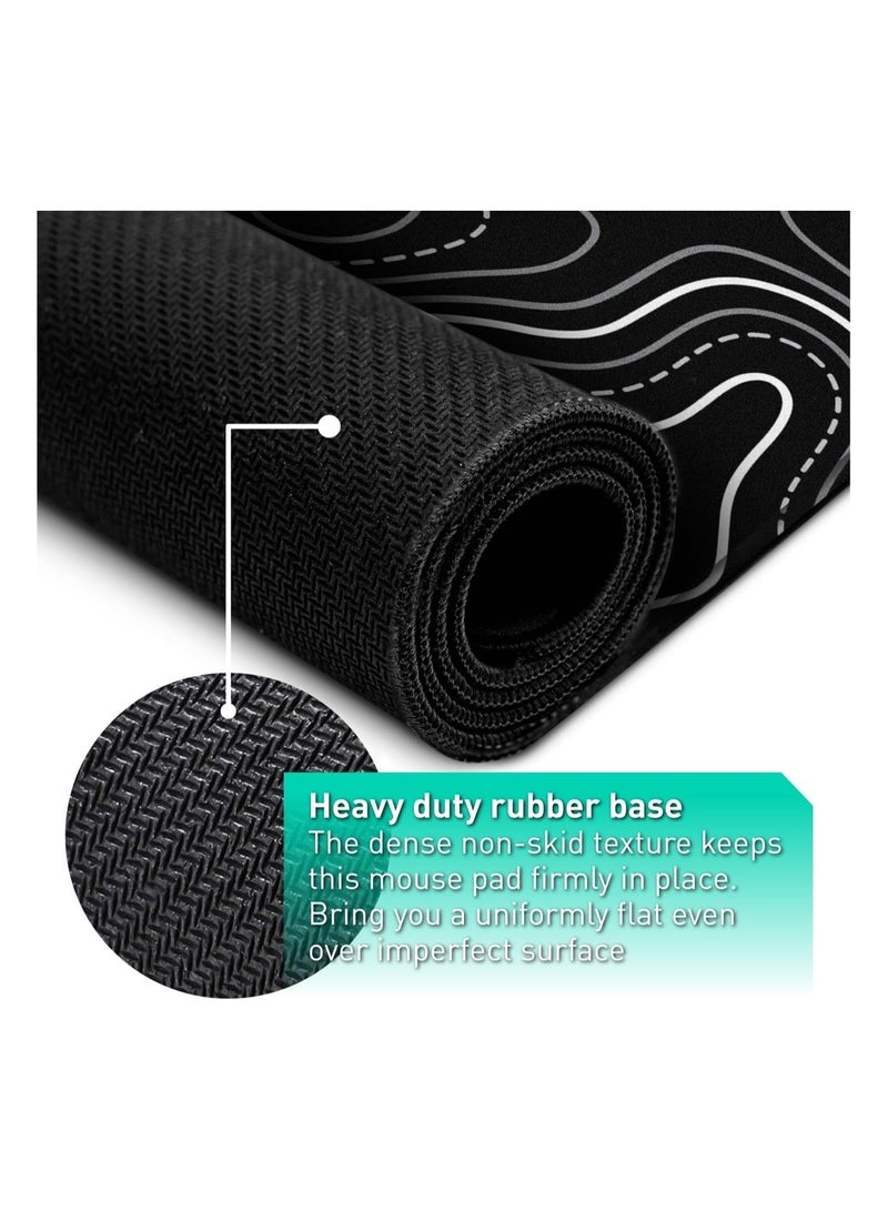 يوكا قاعدة ماوس بتصميم خريطة طبوغرافية مبسطة، قاعدة ماوس بحواف غرز كبيرة ممتدة. قاعدة ماوس للألعاب غير قابلة للانزلاق باللونين الأسود والأبيض مقاس XL مطاط. - Image 2