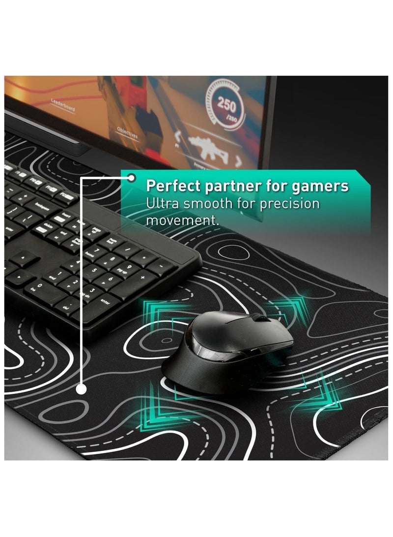 يوكا قاعدة ماوس بتصميم خريطة طبوغرافية مبسطة، قاعدة ماوس بحواف غرز كبيرة ممتدة. قاعدة ماوس للألعاب غير قابلة للانزلاق باللونين الأسود والأبيض مقاس XL مطاط. - Image 4