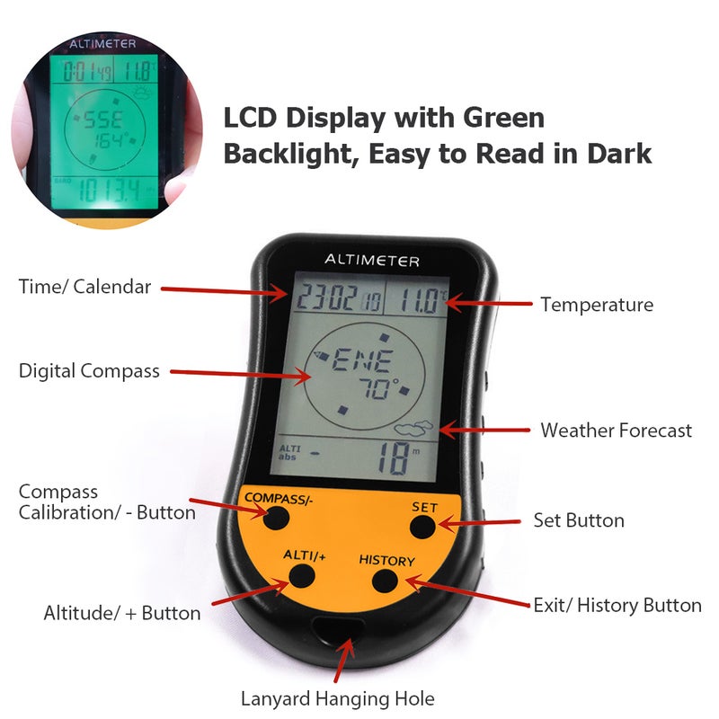 Electronic Digital Altimeter 8 in 1 Multifunction LCD Backlight Mini Altimeter Barometer Compass Thermometer Weather Forecast Clock Calendar for Outdoor Climbing Hiking Fishing - Image 3
