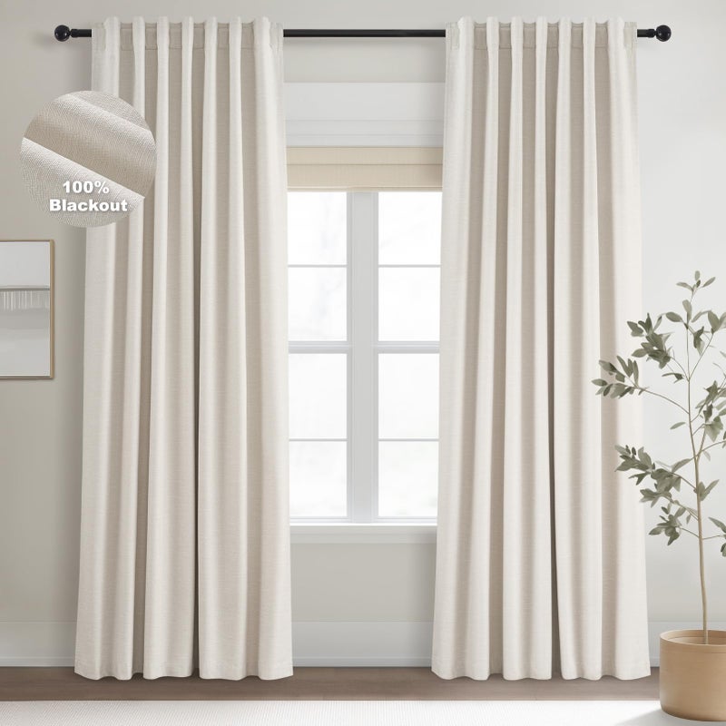 Topfinel 92 Inch Long Black Out Custom Drapery 2 Panels Neutral Blackout Cream White Curtains, Sun Blocking Tab Top Curtain Room Divider, Internet Famous Textured Linen Curtains 52" X 92", Bay Window - Image 1