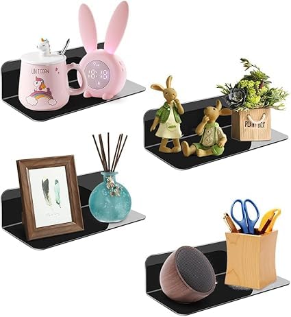 PIKFOS Black Floating Wall Shelves Set of 4 Small Self Adhesive Wall Shelf No Drill Display Shelf Easily Expand Wall Space Acrylic Shelves for Bedroom Living Room Bathroom Kitchen