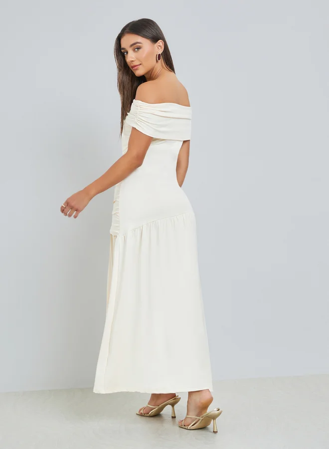 Styli Off White Off White Gathered Off-Shoulder Maxi Dress for Women | Best Price UAE