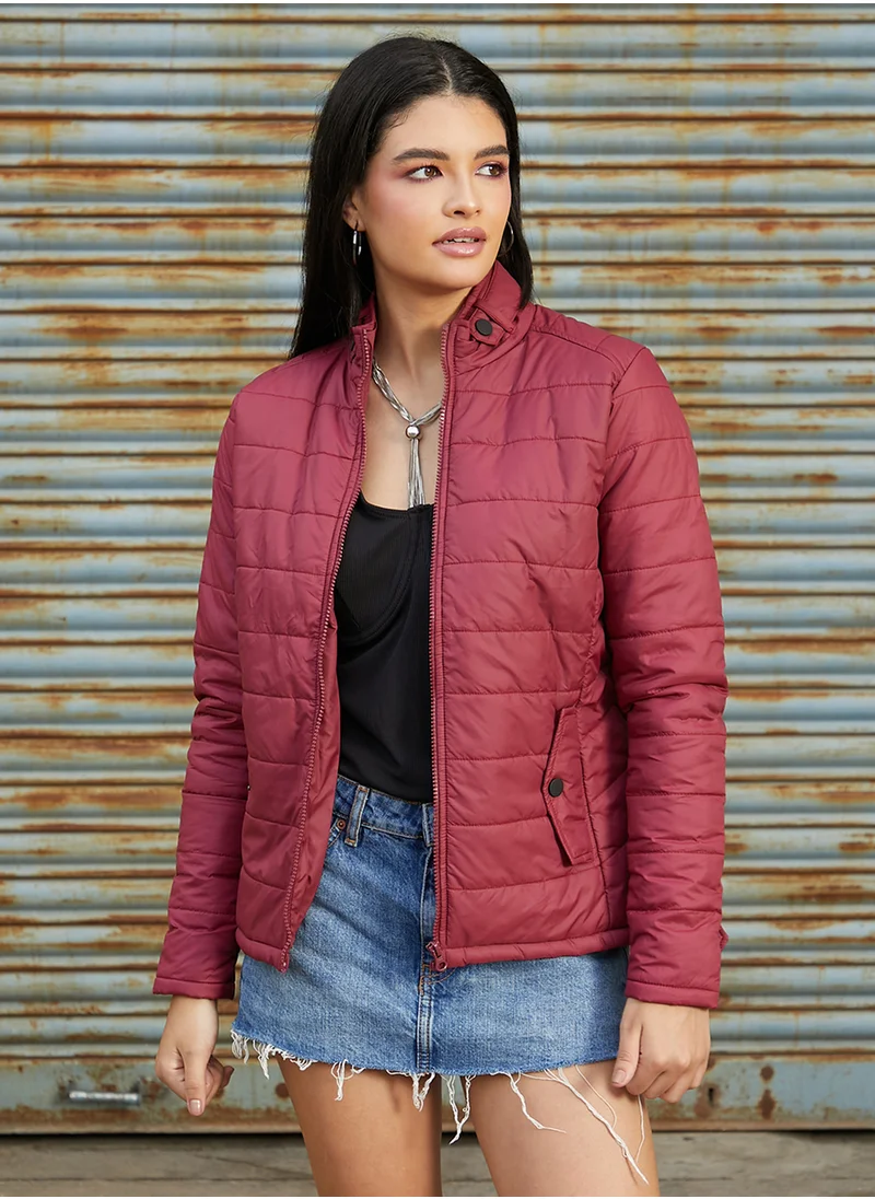 كامبوس سوترا Women's Brick Red Puffer Jacket With Flap Insert Pockets