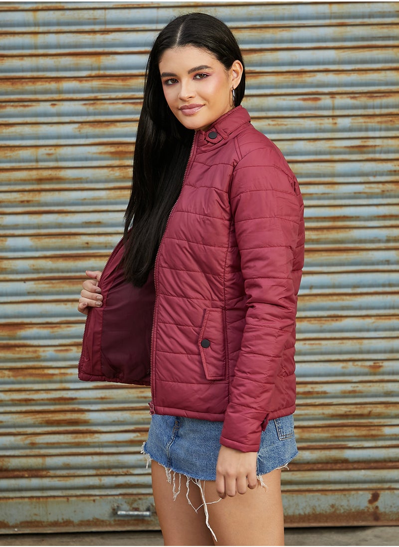 Campus Sutra Women's Brick Red Puffer Jacket With Flap Insert Pockets  - Image 3