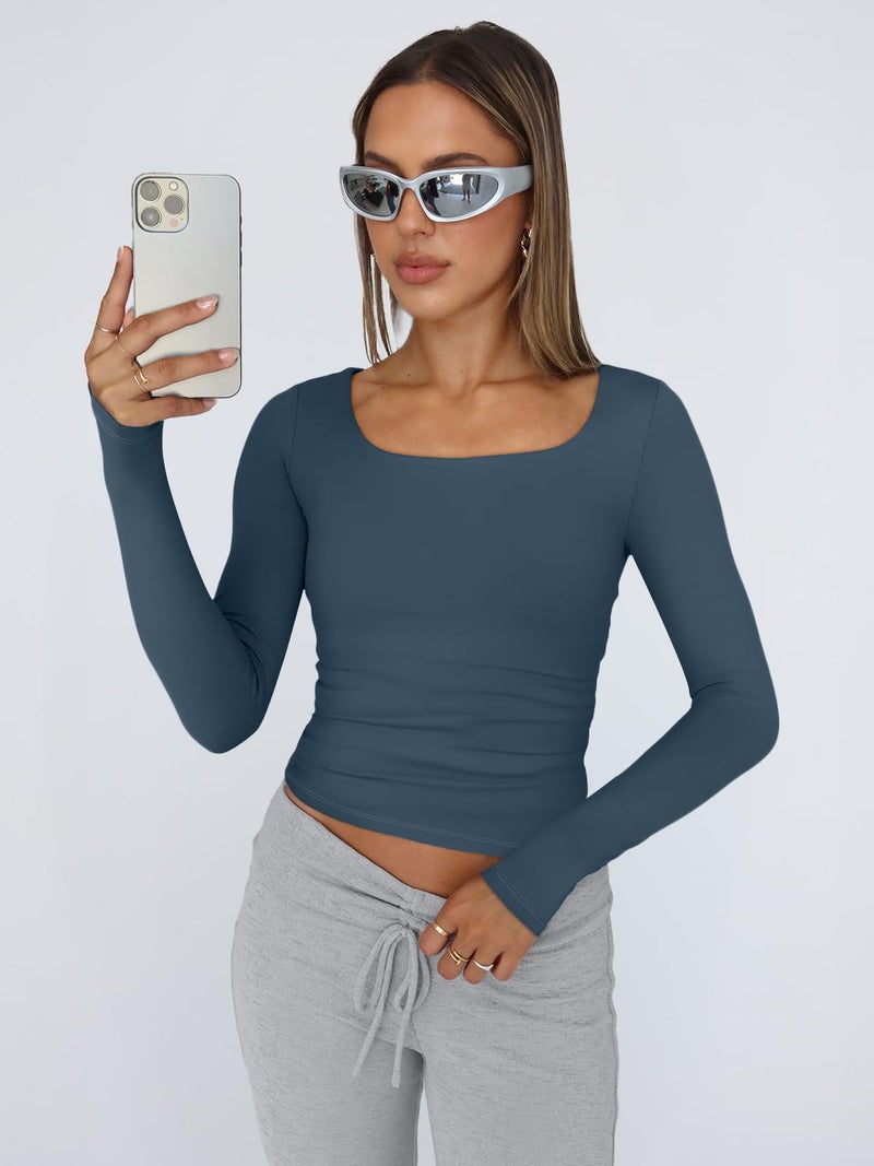Trendy Queen Womens Long Sleeve Shirts Crop Tops Square Neck Going Out Basics Tees Y2K Winter Clothes 2025 Haze Blue XL - Image 2