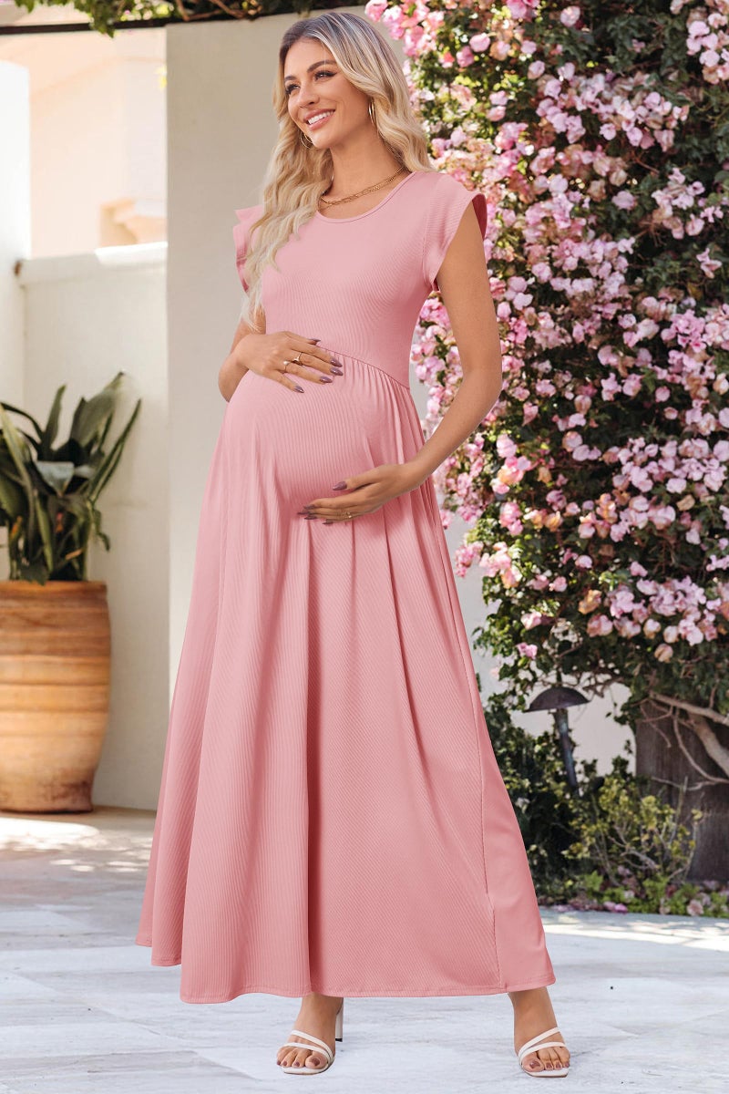 OUGES Maternity Dress for Baby Shower Photoshoot Summer Casual Ruffle Sleeve Maxi Dress with Pockets(Pink,M) - Image 3