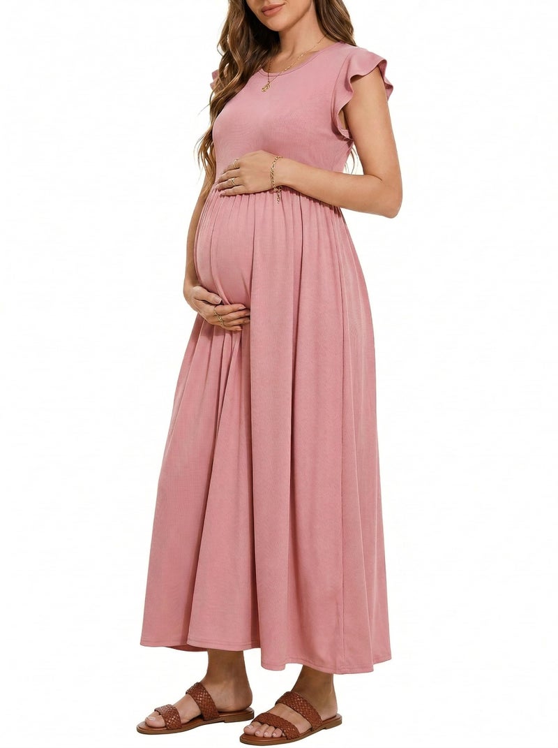 OUGES Maternity Dress for Baby Shower Photoshoot Summer Casual Ruffle Sleeve Maxi Dress with Pockets(Pink,M) - Image 1