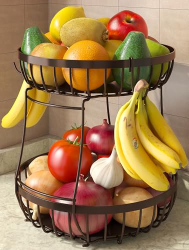 Sevenblue 2 Tier Fruit Basket for Kitchen Counter with 2 Banana Hangers Metal Stackable Fruit Bowl for Kitchen Counter for Bread Vegetable Fruits Brown - Image 1
