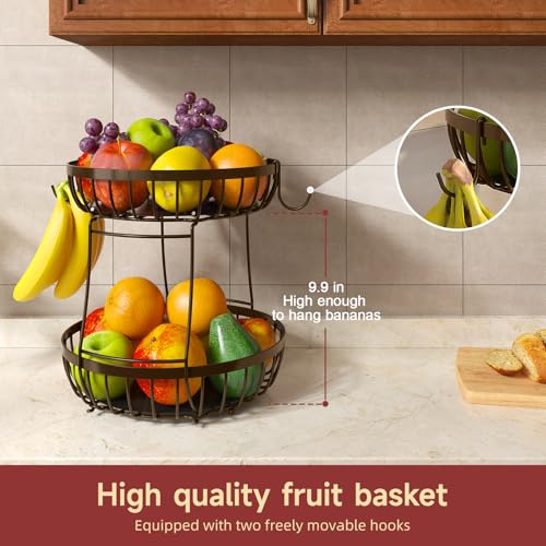 Sevenblue 2 Tier Fruit Basket for Kitchen Counter with 2 Banana Hangers Metal Stackable Fruit Bowl for Kitchen Counter for Bread Vegetable Fruits Brown - Image 3