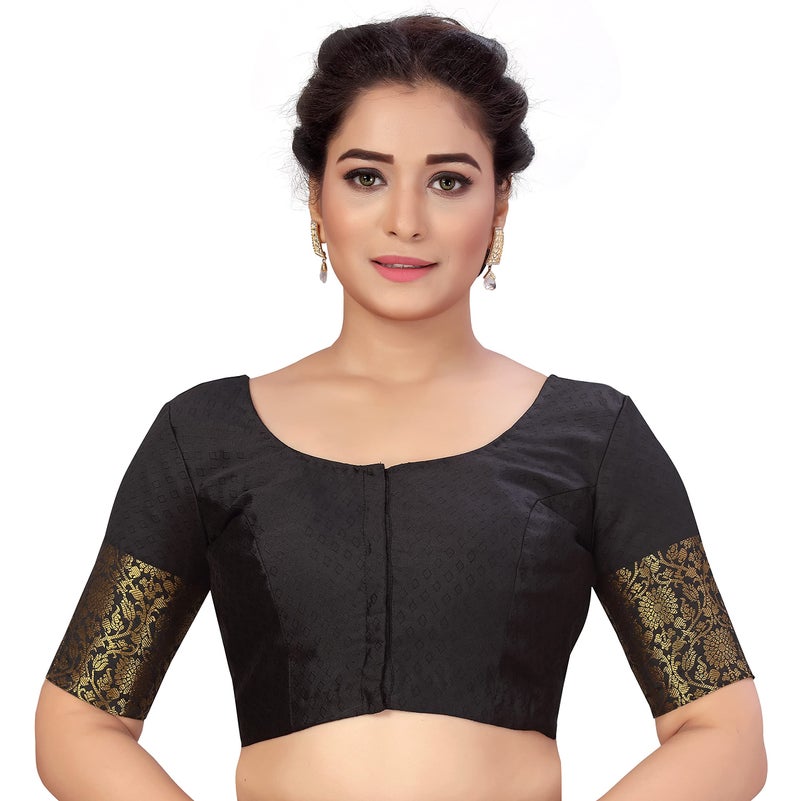 Studio Shringaar Women's Readymade Brocade Saree Blouse with Kanjivaram Border Elbow Length Sleeves(Black, 50) - Image 5