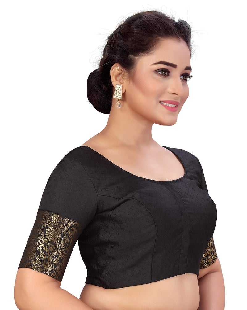 Studio Shringaar Women's Readymade Brocade Saree Blouse with Kanjivaram Border Elbow Length Sleeves(Black, 50) - Image 2