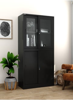 RIGID Steel Four Sliding Door Metal Filing Cabinet with 2 Glass Door BLACK 180x85x39cm  - Image 1