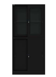 RIGID Steel Four Sliding Door Metal Filing Cabinet with 2 Glass Door BLACK 180x85x39cm  - Image 2
