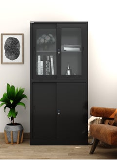 RIGID Steel Four Sliding Door Metal Filing Cabinet with 2 Glass Door BLACK 180x85x39cm  - Image 3