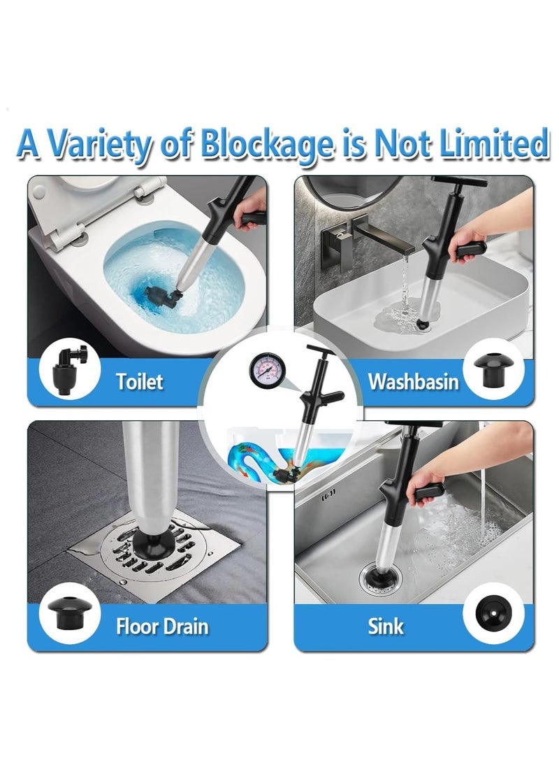 رات سو قابس المرحاض أداة قابس الضغط العالي مع 5 قطع مزيل Clog Head ومقياس مرئي الفولاذ المقاوم للصدأ تصريف الهواء Unclogger أداة قابس متعدد الطاقة لغسالة أرضية مطبخ مسدود أسود - Image 4